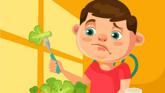 An ainmation of a child holding broccoli